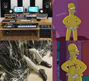 A four-panel meme. Top left: a clean, organized music studio setup. Bottom left: a person tangled in a giant mess of audio cables. Top right: Homer Simpson posing confidently in his underwear. Bottom right: Homer from behind, showing a saggy back. Audio Hertz logo on Simpsons panels.