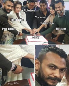 A group of people labeled with different DAWs (FL Studio, Ableton, Cubase, Studio One, Reaper, Pro Tools) cutting into a cake labeled “VST.” The bottom panels zoom in on Pro Tools sneakily pulling someone else’s hand away. Audio Hertz logo included.