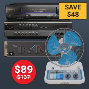 Audio Hertz plugin bundle promotional image showing VHS, AC-1, and FAN plugins, with a red price tag displaying $89 discounted from $137