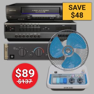 Audio Hertz plugin bundle promotional image showing VHS, AC-1, and FAN plugins, with a red price tag displaying $89 discounted from $137