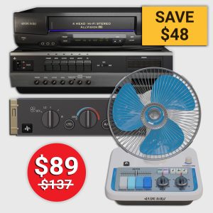 Audio Hertz plugin bundle promotional image showing VHS, AC-1, and FAN plugins, with a red price tag displaying $89 discounted from $137
