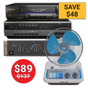 Audio Hertz plugin bundle promotional image showing VHS, AC-1, and FAN plugins, with a red price tag displaying $89 discounted from $137